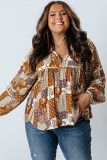 Apricot Turn-down Neck Mixed Print Plus Size Shirt