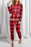 Red Plaid Pocket Drawstring Christmas Hooded Pajamas Set