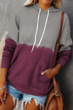 Burgundy Dip-Dye Colorblock Drawstring Hoodie with Pockets