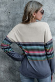 Blue Button Striped Long Sleeve Tops