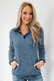 Blue Heathered Turn-down Collar Pullover Sweatshirt