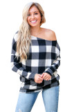 Monochrome Plaid Off Shoulder Textured Long Sleeve Top