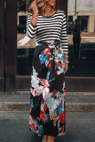 Striped Floral O-Neck Long Dress