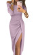 Rosy Pink Metallic Glitter Off Shoulder Formal Dress