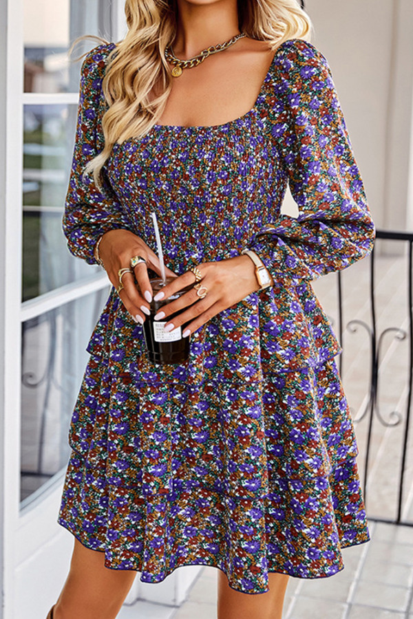 Smocked Tiered Long Sleeves Floral Dress