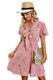 Pink Floral Print Tie Knot Ruffled Short Sleeve Mini Dress