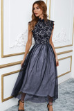Black High Neck Sleeveless Crochet Lace Mesh Lined Evening Dress