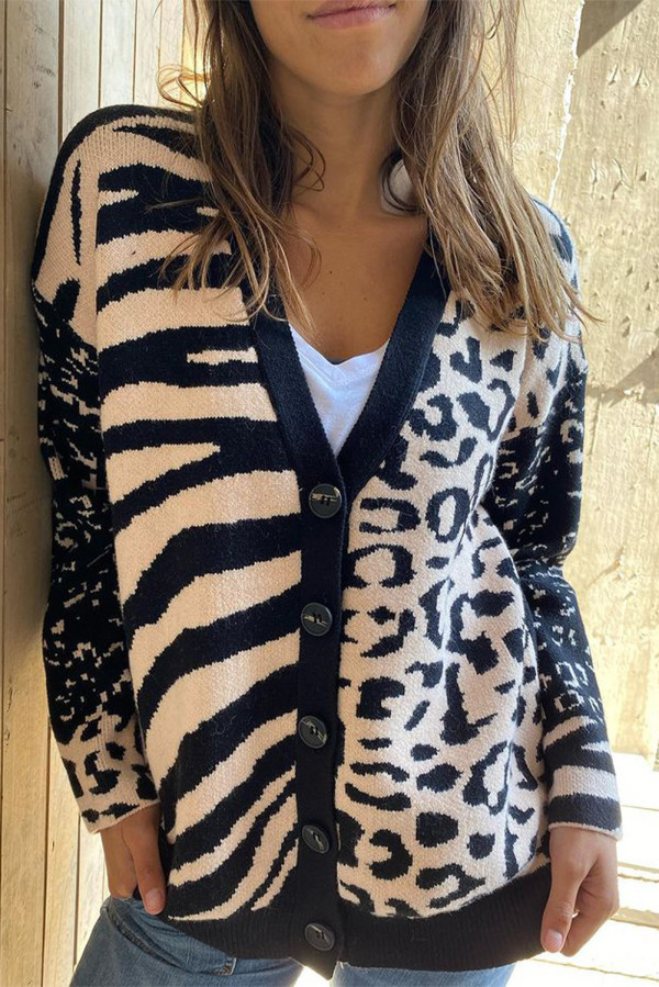 Black Animal Print Buttons Cardigan