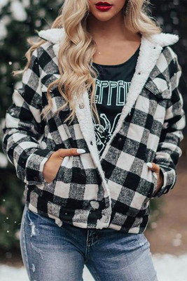 Black Plaid Print Fleece Button Jacket