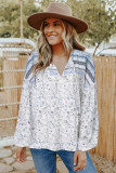 Sky Blue Floral Print Drawstring Loose Puff Sleeve Shirt