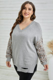 Gray Distressed Hemline Leopard Sleeve Plus Size Sweater