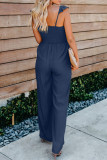 Blue Flutter Sleeve Smocked Wide Leg Jumpsuit
