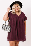Wine Red Plus Size V Neck Ruffle Swiss Dot Mini Dress with Pocket