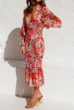 Deep V Neck Floral Print Balloon Sleeve Slim Dress