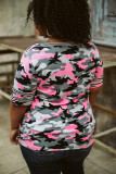 Camo Print V Neck Striped Trim Plus Size Tee