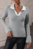 Color Block Lapel Collar Flare Sleeves Knit Top