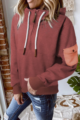 Half Zip Colorblock Pocket Patchwork Long Sleeve Hoodie