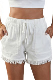 White Casual Pocketed Frayed Denim Shorts