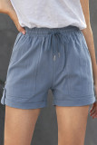 Blue Elastic Waistband Pocket Drawstring Shorts with Button