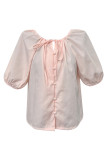 Pink Open Button Front Tie Puff Sleeves Shirt