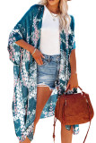 Pattern Print Open Front Kimono with Side Slit