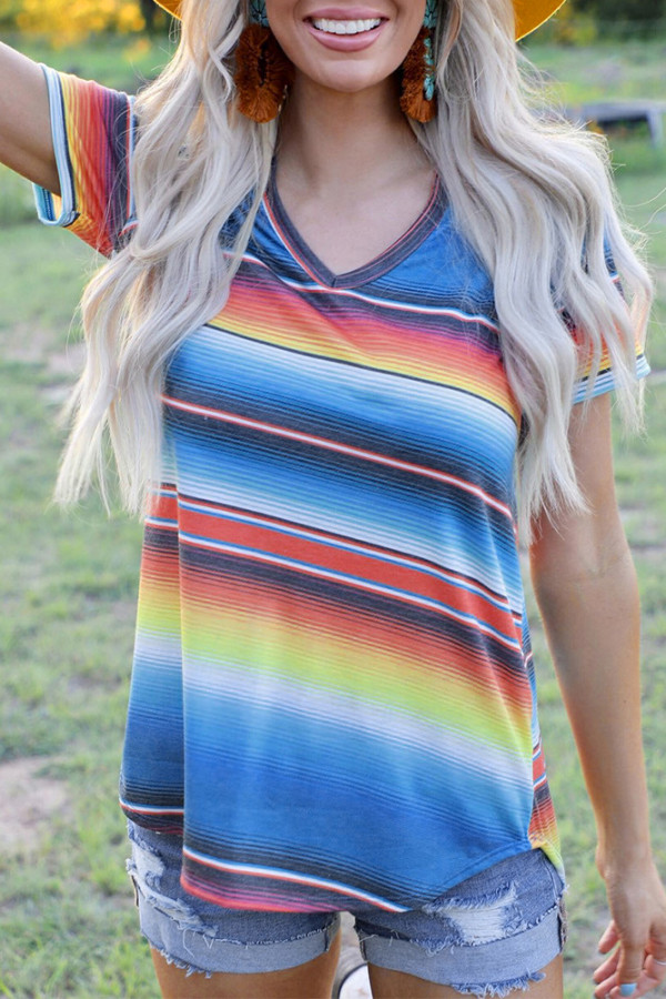 Gradual Striped O-neck Hollow Short Sleeve Top Unishe Wholesale