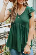 Green Ribbed Flounce Sleeve V Neck Babydoll Top