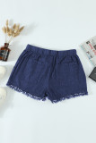 Dark Blue Casual Pocketed Frayed Denim Shorts