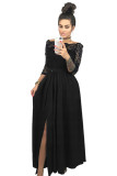 Black Off Shoulder Lace Bodice High Waist Maxi Skirt Evening Dress