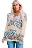 Apricot Leopard Patchwork Buttons Hooded Sweatshirt with Pocket