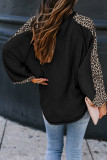 Black Leopard Splicing Waffle Knit Blouse