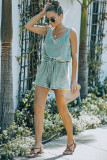 Green Vintage Washed Drawstring Waist Sleeveless Romper
