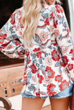 Split Neck Bubble Sleeve Floral Patchwork Blouse