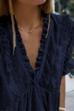 Blue Ruffled V Neck Frill Hem Swiss Dot Blouse