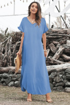 Sky Blue Loose Fit Cotton Blend V Neck Maxi Dress with Slits