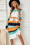 Green Multicolor Block Drawstring Waist Long Sleeve Midi Dress