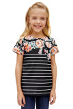 Black Round Neck Floral Striped Print Kid's Tee