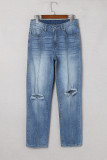 Blue Distressed High Waist Straight Leg Jeans