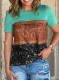 Green Marble Print Buckstitch Splicing Color Block T-shirt