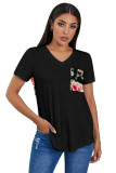 Black Women's Casual Floral Printed Splicing Pullover Pocket T-shirt