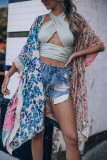 Multicolor Shawl Neckline Floral Print Kimono with Slits