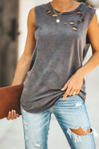 Gray Broken Hole Detail Sleeveless Crew Neck Tank Top