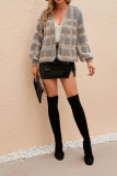 Grey Pink Plaid Hairy Open Knit Cardigans