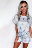 Gray Star Print Ruffled Short Sleeve Tee and Drawstring Shorts Lounge Sets