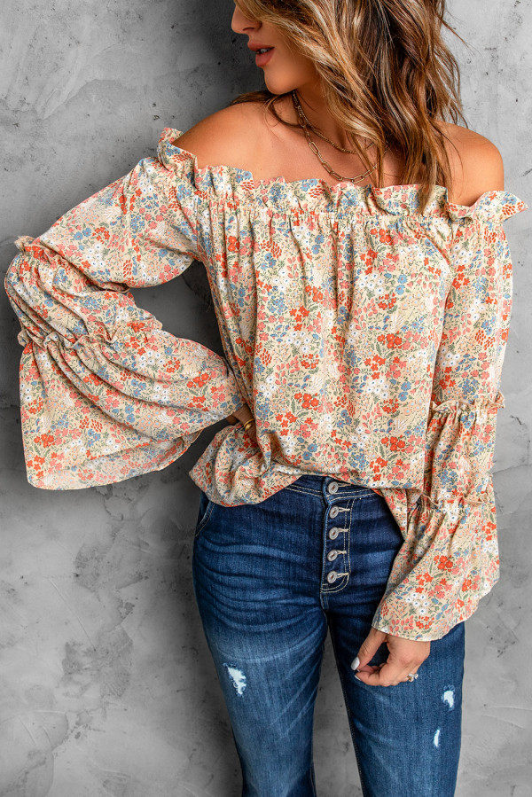Floral Print Off The Shoulder Ruffled Bell Sleeve Blouse