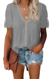 Gray V Neck Eyelet Short Sleeve Pleated Blouse