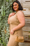 Apricot Ribbed Drawstring Waist Plus Size Sleeveless Jumpsuit