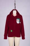 Red Santa Patchwork Zipper Pockets Fleece Hooded Coat