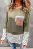 Green Stripe Pocket Sequins Splicing Long Sleeve Top