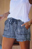 Blue Casual Pocketed Frayed Denim Shorts
